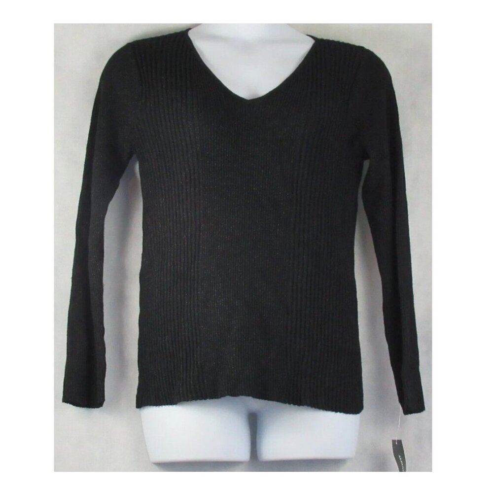 Alfani Women's Metallic Ribbed Knit V-Neck Pullover Sweater, Black Shine, Medium